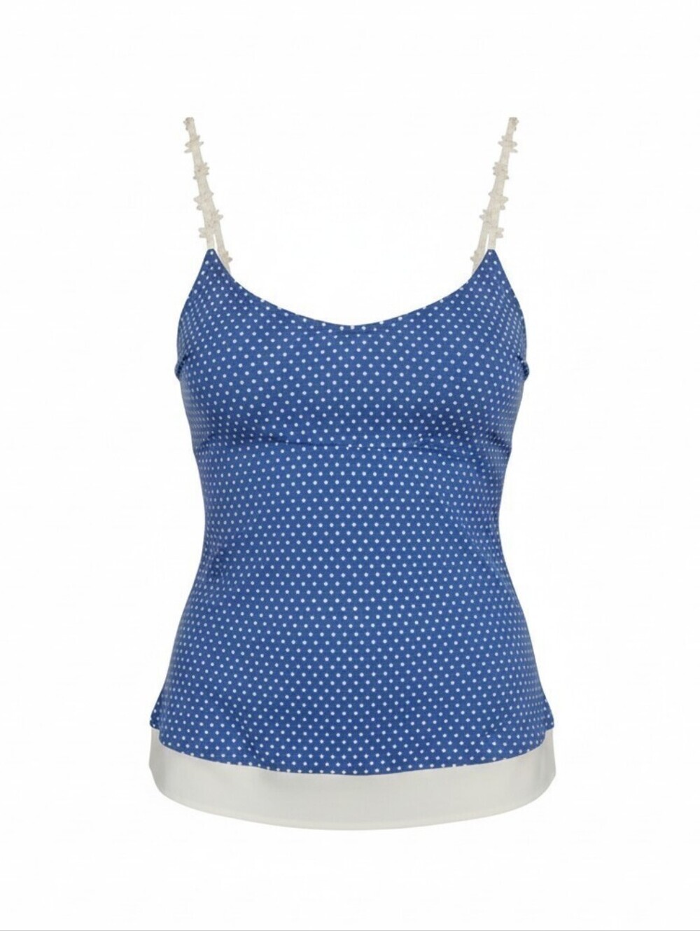E2M Daisy Cami Strap Blue Polka Dot Layered Tank Top Blue White Cottagecore, L